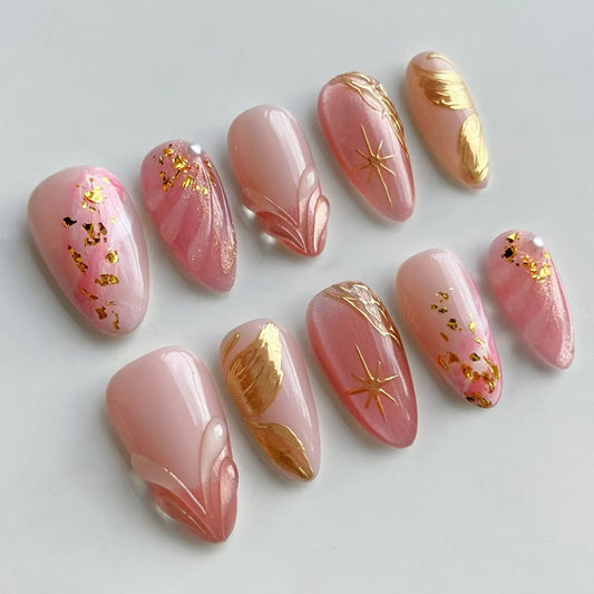 Blossom Elegance Long Almond Pink Press On Nail Set with Gold Accents and Intricate Designs
