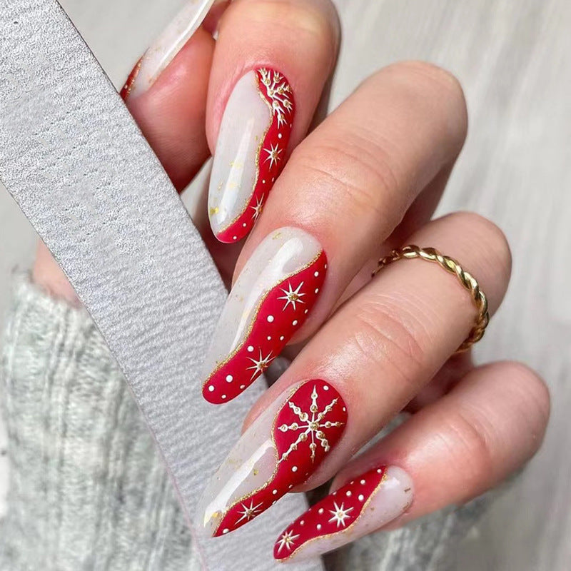 Festive Elegance Extra-Long Almond Red and White Press On Nail Set with Sparkling Snowflake Accents