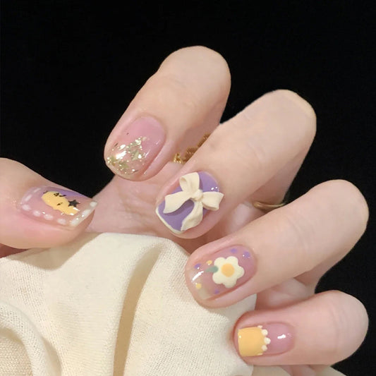 Enchanted Garden Collection Short Round Pastel Pink Press On Nails with Floral and Glitter Accents