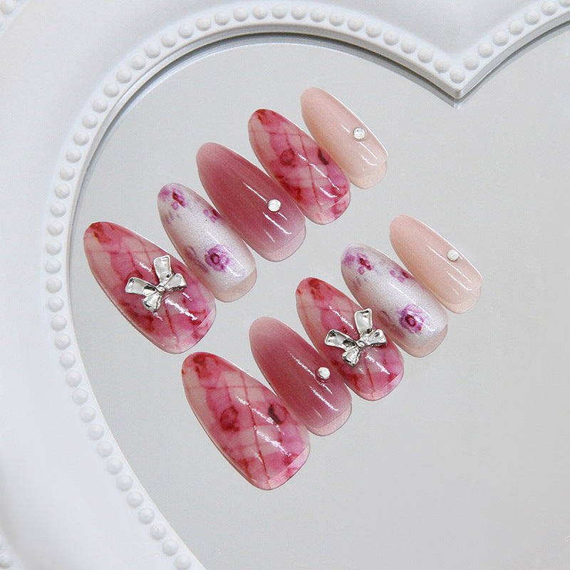 Romantic Elegance Long Almond Pink with Floral Accents and Bow Detail Press-On Nail Set