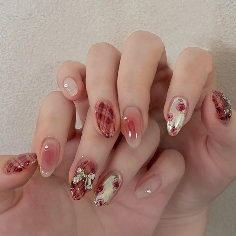 Vintage Rose Garden Long Almond Shaped Ombre Red and Cream Press on Nail Set with Charming Floral Accents
