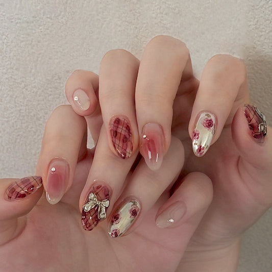 Vintage Rose Garden Long Almond Shaped Ombre Red and Cream Press on Nail Set with Charming Floral Accents
