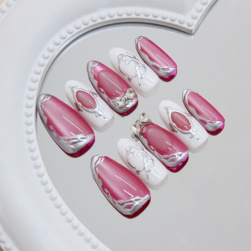 Romantic Elegance Long Almond Pink and White Press on Nail Set with Silver Detailing