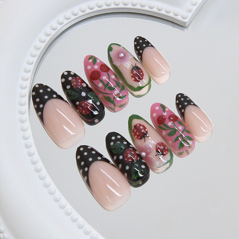 Charming Garden Fantasy Long Almond Pink and Black Floral Nail Set with Ladybug Accents