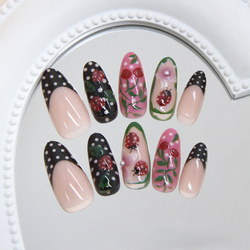 Whimsical Garden Long Almond Black Polka Dot and Floral Design Press On Nail Set