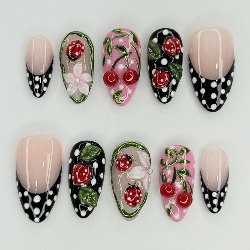 Charming Garden Inspired Long Almond Shaped Pink Black and Green Press On Nail Set with Floral and Berry Art