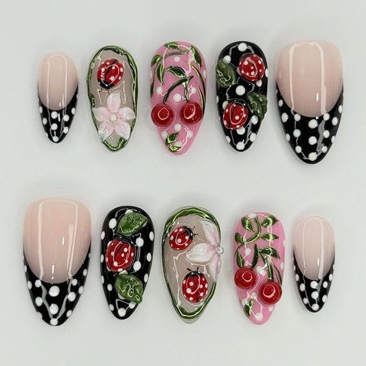 Charming Garden Inspired Long Almond Shaped Pink Black and Green Press On Nail Set with Floral and Berry Art