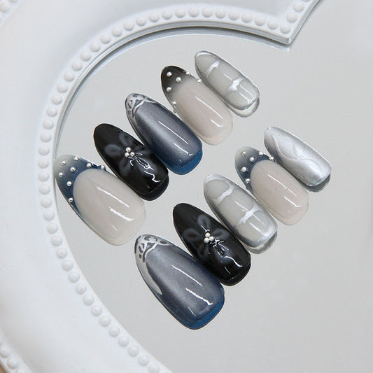 Mystical Elegance Long Almond Shaped Gradient Grey and Silver Press On Nail Set with Pearl Accents