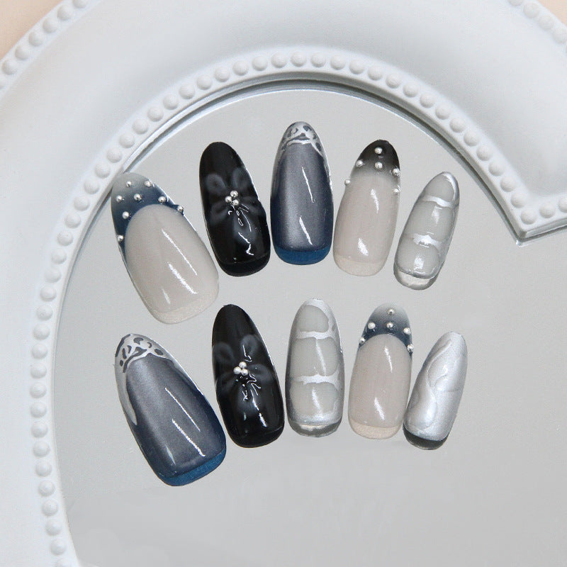 Elegant Monochrome Long Almond Press On Nail Set in Gradient Gray with Charming Pearl Accents