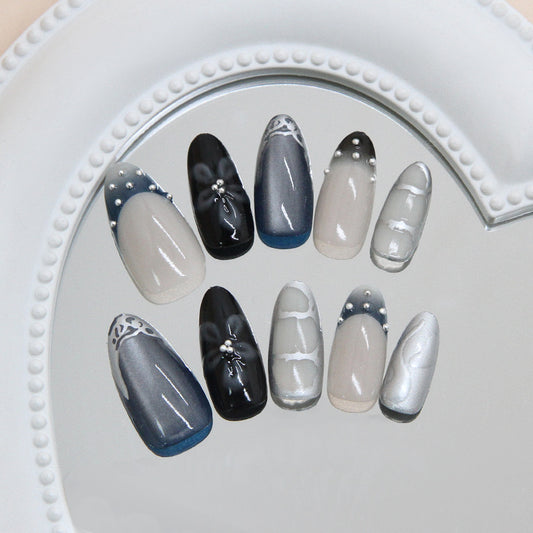 Elegant Monochrome Long Almond Press On Nail Set in Gradient Gray with Charming Pearl Accents