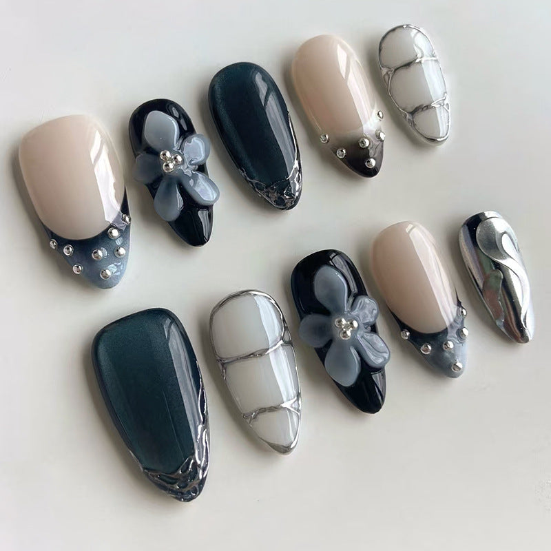 Elegant Nightfall Inspired Press On Nail Set Long Almond Shape Dark Blue and Cream with Floral and Pearl Detailing