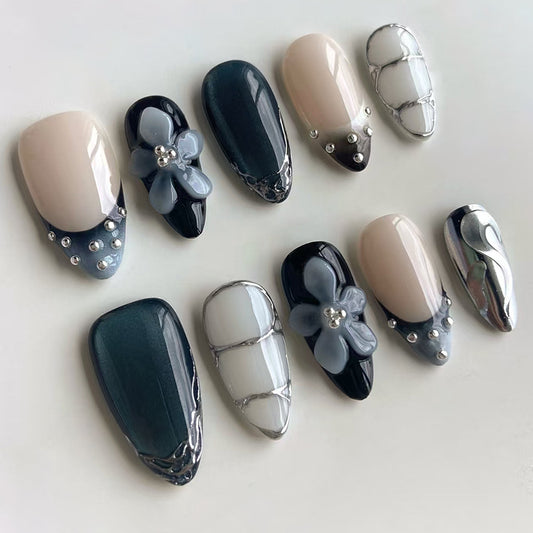 Elegant Nightfall Inspired Press On Nail Set Long Almond Shape Dark Blue and Cream with Floral and Pearl Detailing