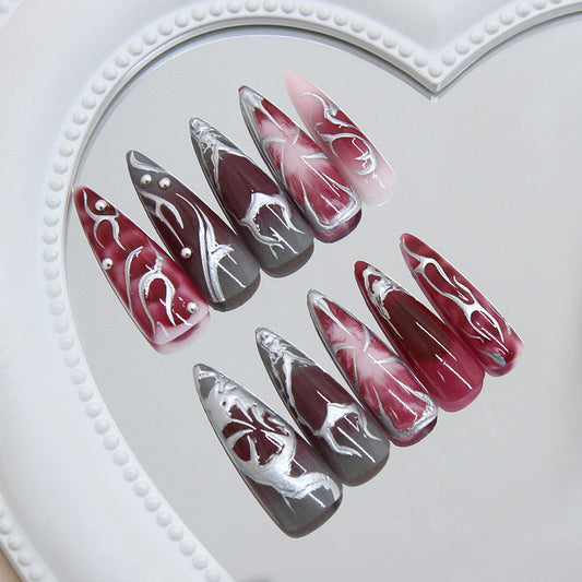 Gothic Glam Press On Nail Set Long Stiletto Burgundy and Gray with Silver Swirl Design