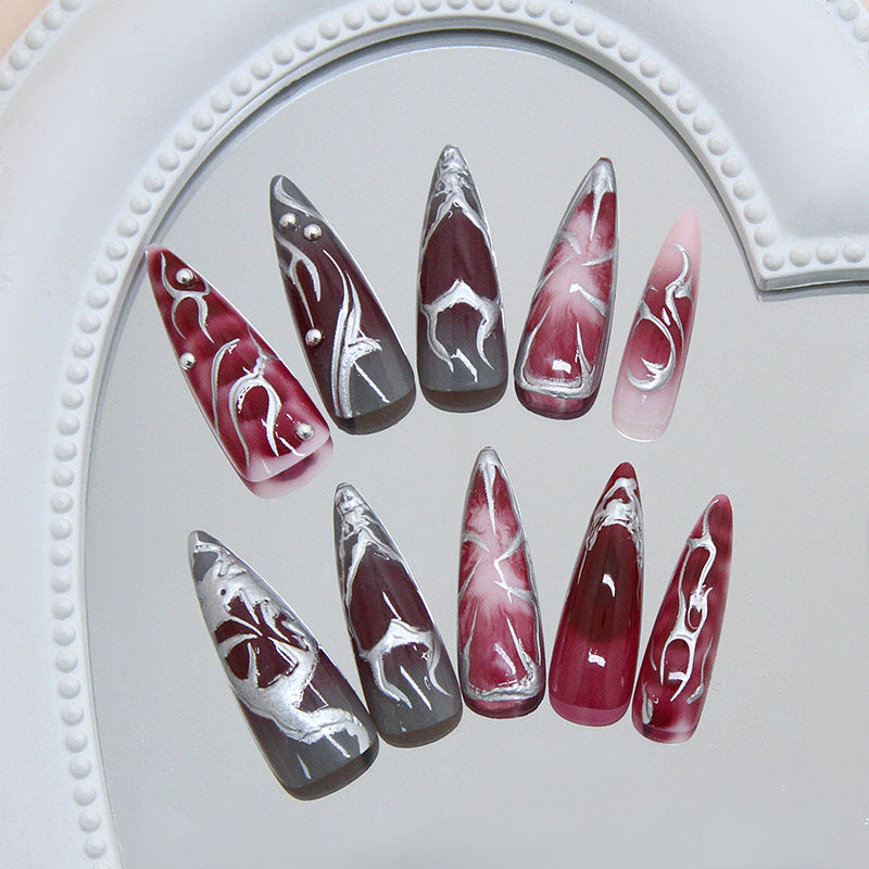 Mystical Elegance Long Stiletto Burgundy Gray Artistic Marble Effect Press On Nail Set