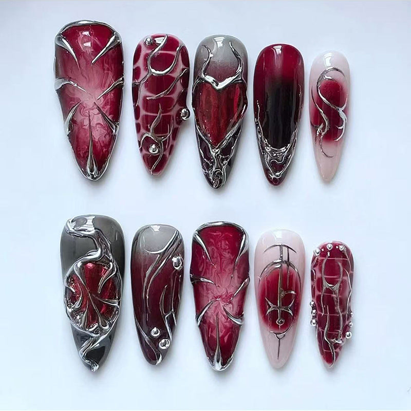 Gothic Elegance Long Stiletto Red and Gray Press-On Nail Set with Metallic Detailing