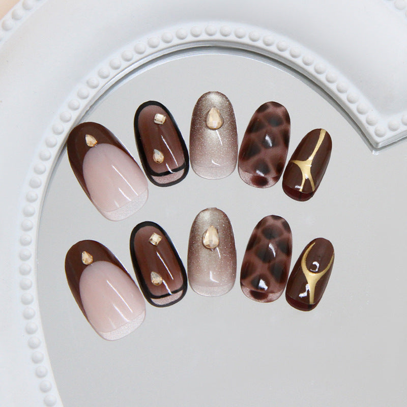 Chic Chocolate Dreams Medium Round Brown and Beige Press On Nail Set with Elegant Gem Accents