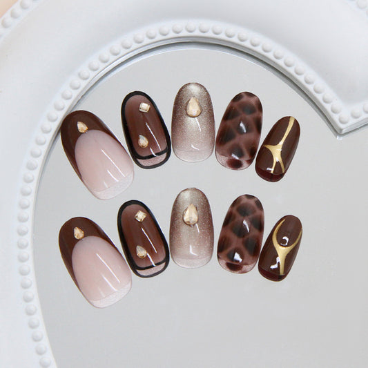 Chic Chocolate Dreams Medium Round Brown and Beige Press On Nail Set with Elegant Gem Accents