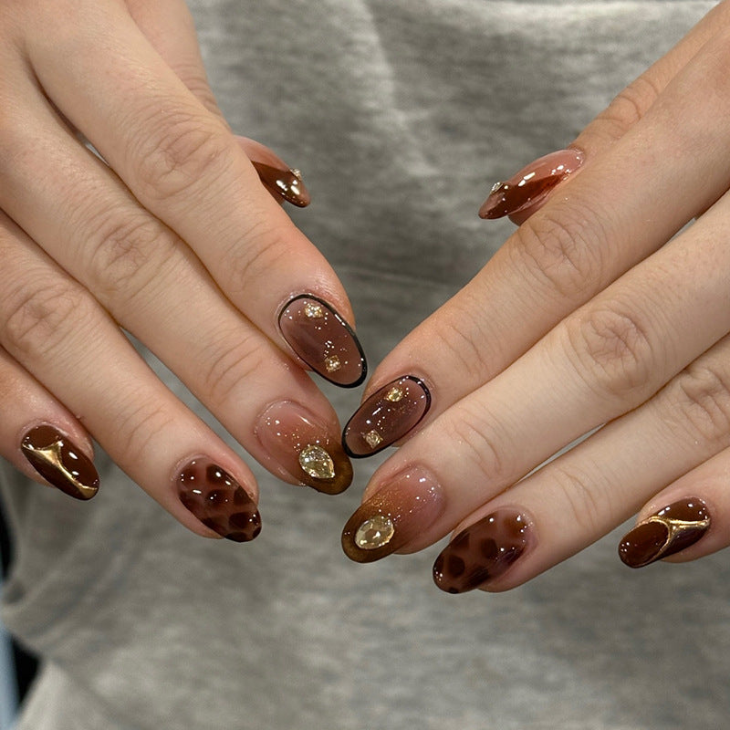 Wild Safari Glam Medium Oval Brown Glitter and Unique Animal Print Press On Nail Set