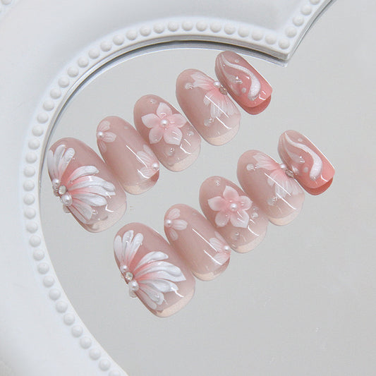 Blossom Elegance Medium Oval Pink Floral Design Nail Set with Pearl Accents
