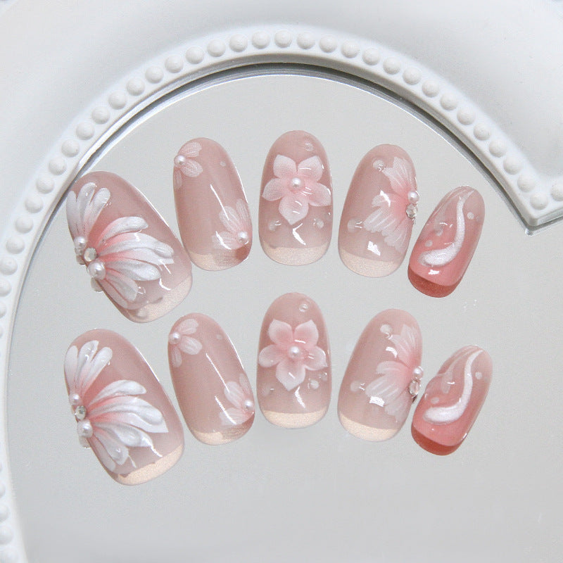 Floral Elegance Medium Oval Shaped Soft Pink with Three Dimensional Flower Design Press On Nail Set