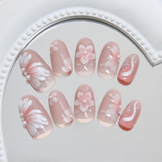 Floral Elegance Medium Oval Shaped Soft Pink with Three Dimensional Flower Design Press On Nail Set