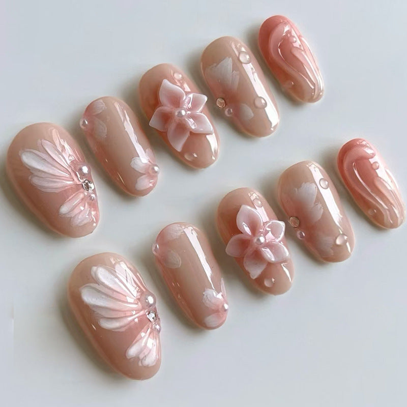 Blossom Dreams Medium Oval Pink Floral Press-On Nail Set with Elegant Pearls