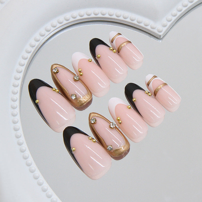 Elegant Twilight Style Long Almond Pink and Black Gradient with Artistic Gold Accents Press On Nail Set