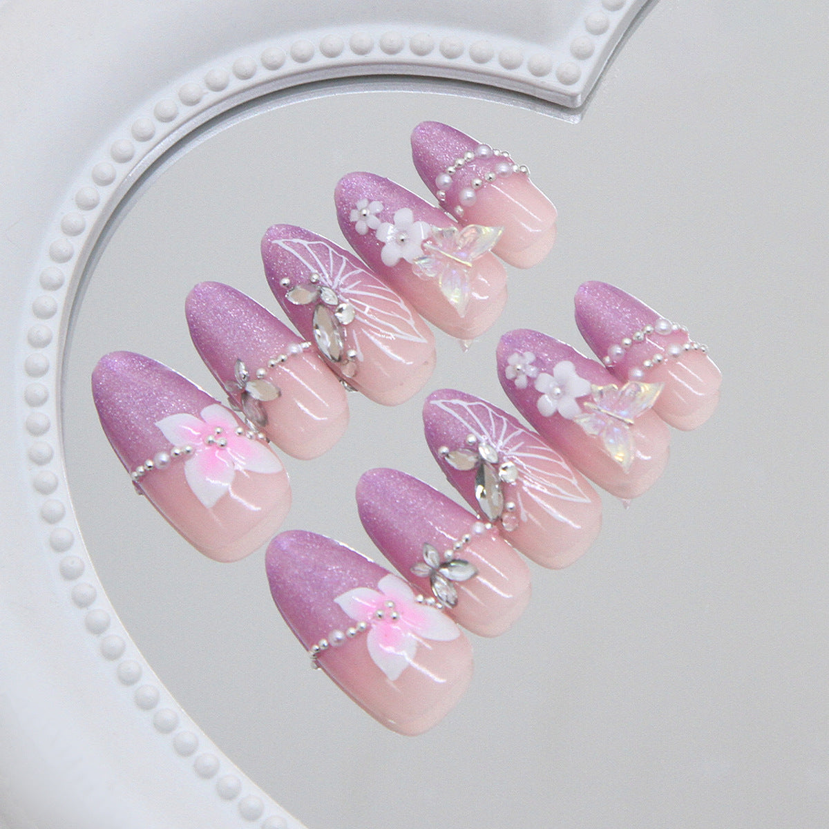 Blossom Dream Press On Nail Set Long Almond Gradient Pink with Sparkling Butterfly and Floral Accents