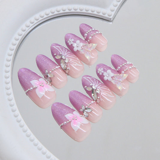 Blossom Dream Press On Nail Set Long Almond Gradient Pink with Sparkling Butterfly and Floral Accents