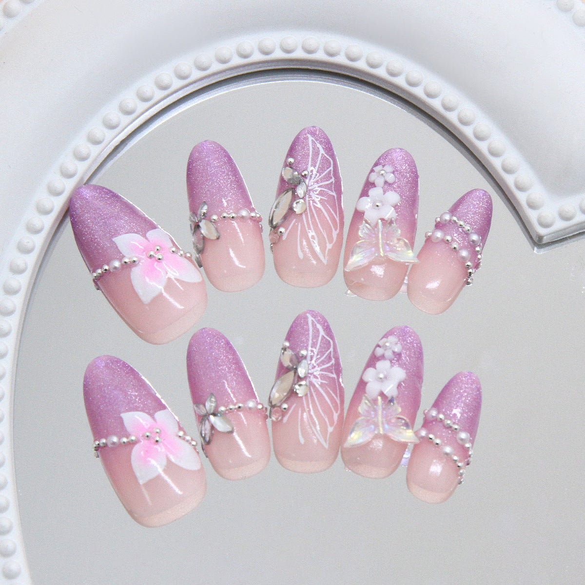 Whimsical Garden Glamour Long Almond Purple Gradient Press On Nail Set with Floral Accents and Rhinestone Embellishments