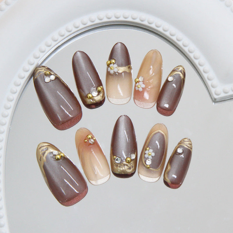 Elegant Autumn Charm Long Almond Shaped Brown Gradient Press On Nail Set with Floral Accents and Gemstone Details