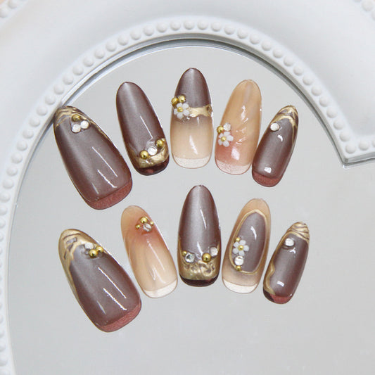 Elegant Autumn Charm Long Almond Shaped Brown Gradient Press On Nail Set with Floral Accents and Gemstone Details