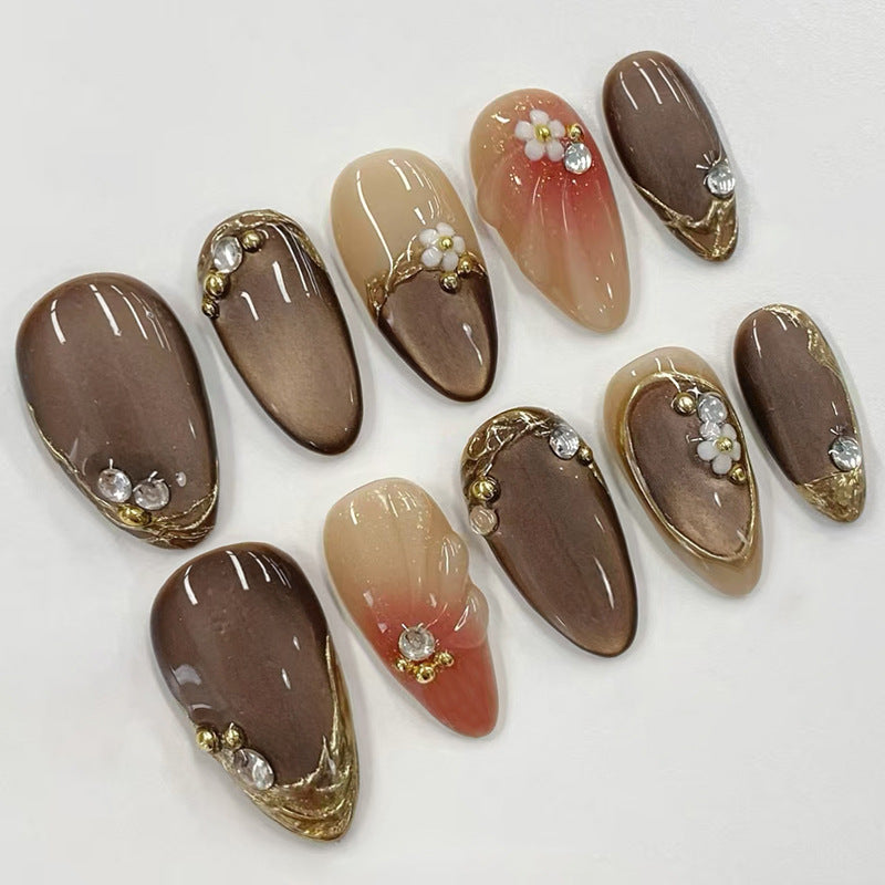 Elegant Autumn Spirit Long Almond Brown Ombre Nail Set with Floral Accents and Metallic Touches