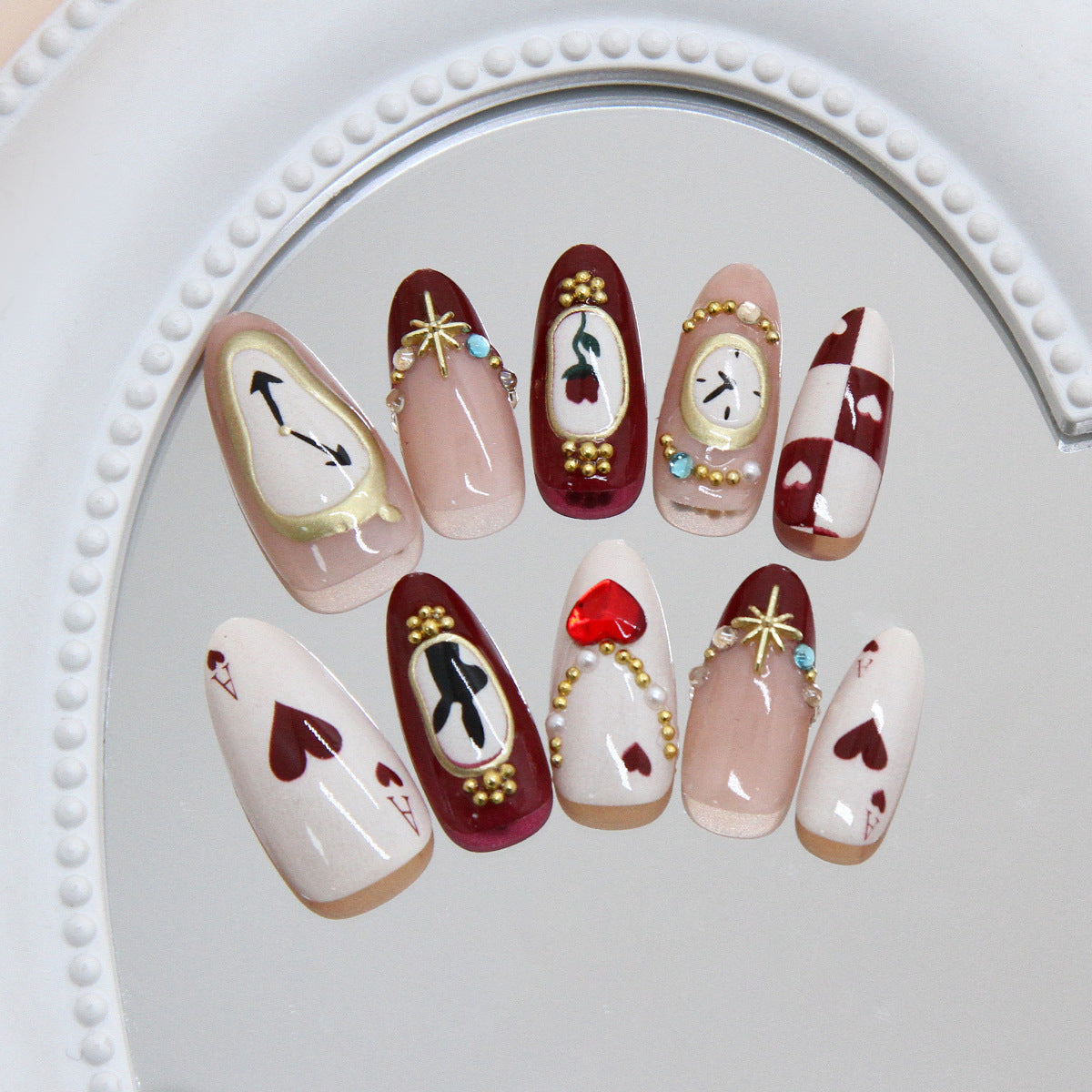 Whimsical Wonderland Long Almond Burgundy and Cream Set with Intricate Gold Accents