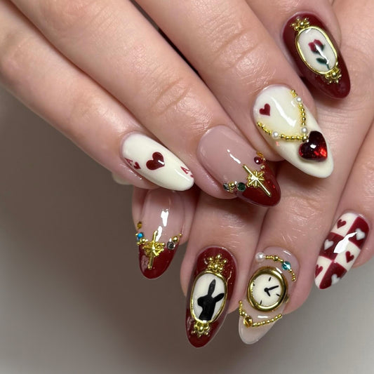 Romantic Heart Shaped Burgundy Long Almond Press On Nail Set with Intricate Gold Accents