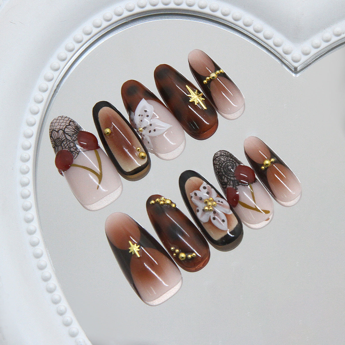 Enchanting Autumn Long Almond Gradient Brown Elegant Floral Design Press On Nail Set