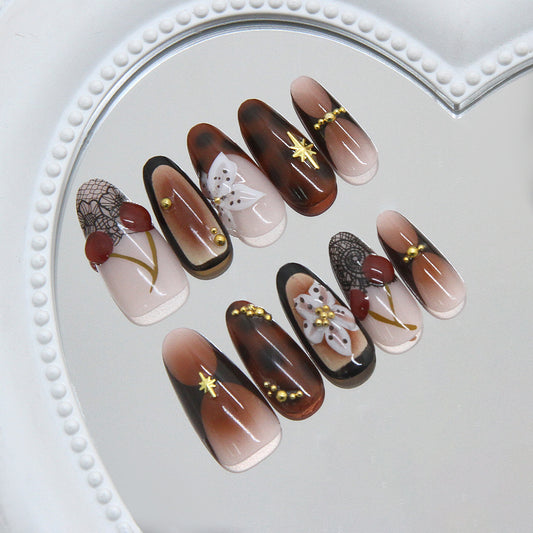 Enchanting Autumn Long Almond Gradient Brown Elegant Floral Design Press On Nail Set