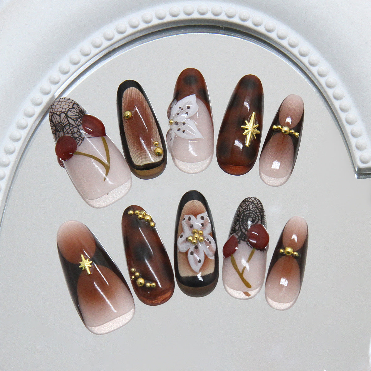 Elegant Autumn Charm Long Almond Brown and Beige Press-On Nail Set with Unique Floral and Gold Accents