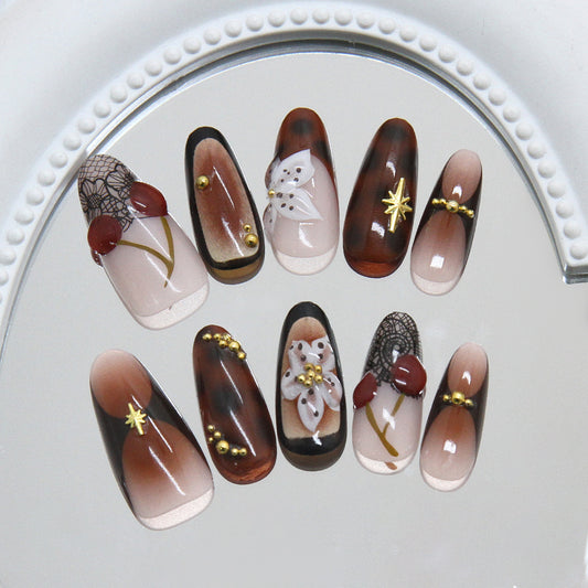 Elegant Autumn Charm Long Almond Brown and Beige Press-On Nail Set with Unique Floral and Gold Accents