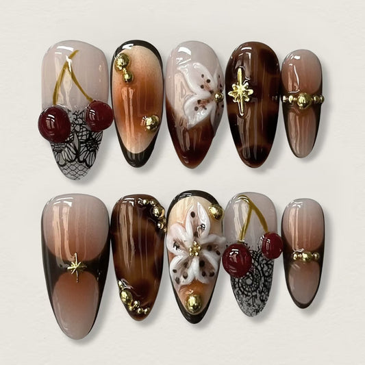 Gourmet Garden Long Almond Brown Ombre Nails with Floral and Cherry Accents