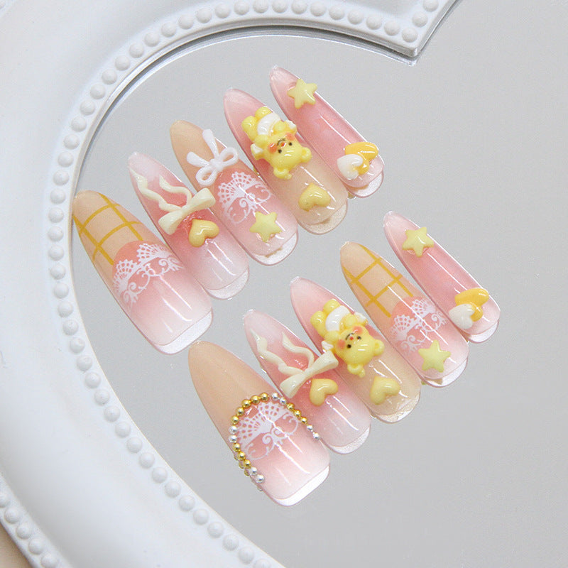 Whimsical Dreams Long Almond Pink Press On Nail Set with Charming Bear and Heart Accents