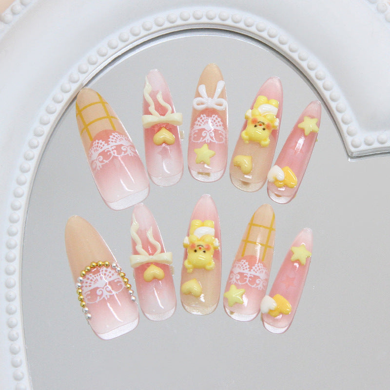 Sweet Dreamy Pastel Long Almond Pink with Adorable Charms Press On Nail Set