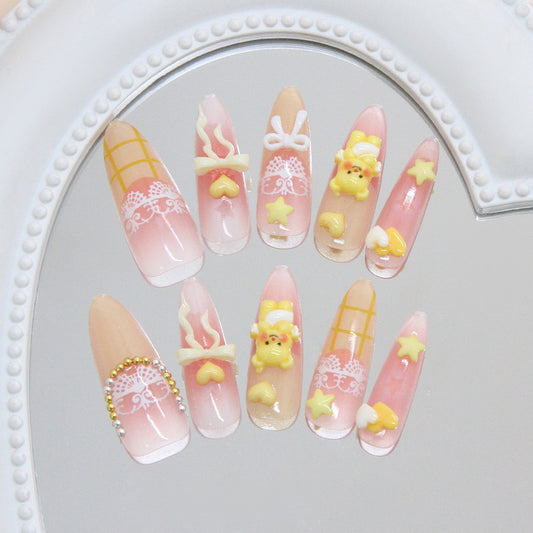 Sweet Dreamy Pastel Long Almond Pink with Adorable Charms Press On Nail Set