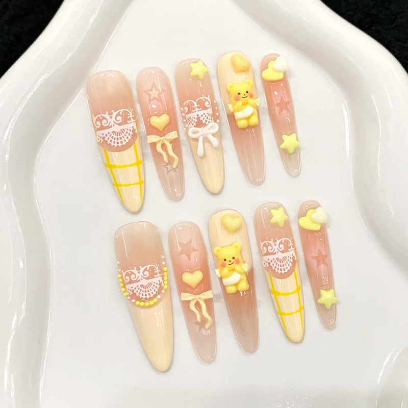 Sweet Dream Pastel Long Almond Pink Gradient Press On Nail Set Featuring Cute Charm Decorations