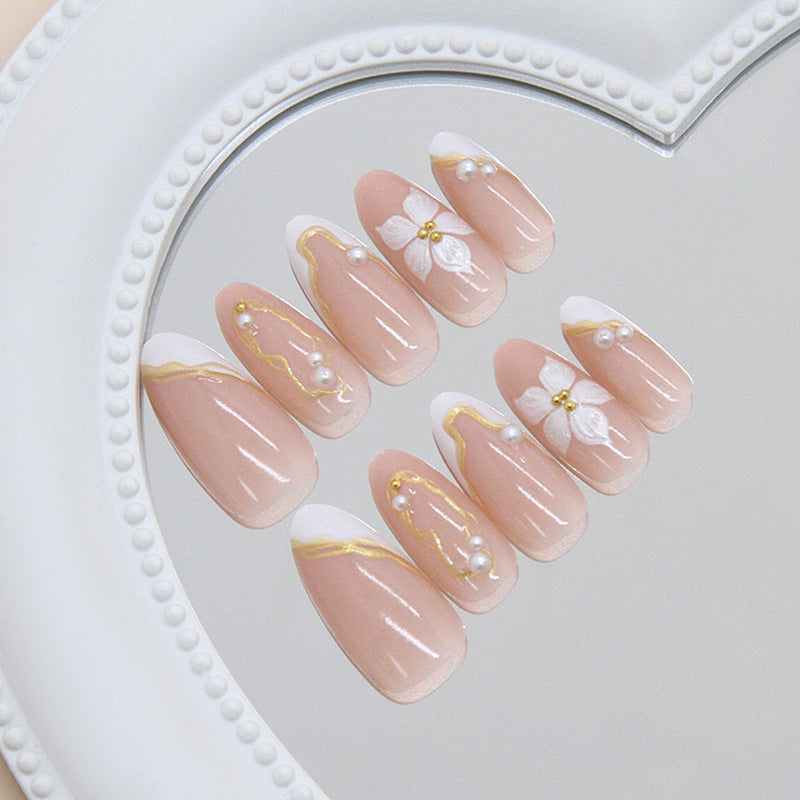 Elegant Blossom Dream Press On Nails Long Almond Pink with Floral Accents and Pearls