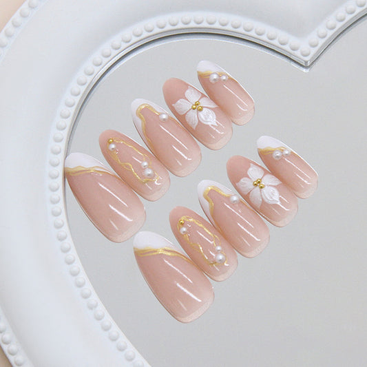 Elegant Blossom Dream Press On Nails Long Almond Pink with Floral Accents and Pearls