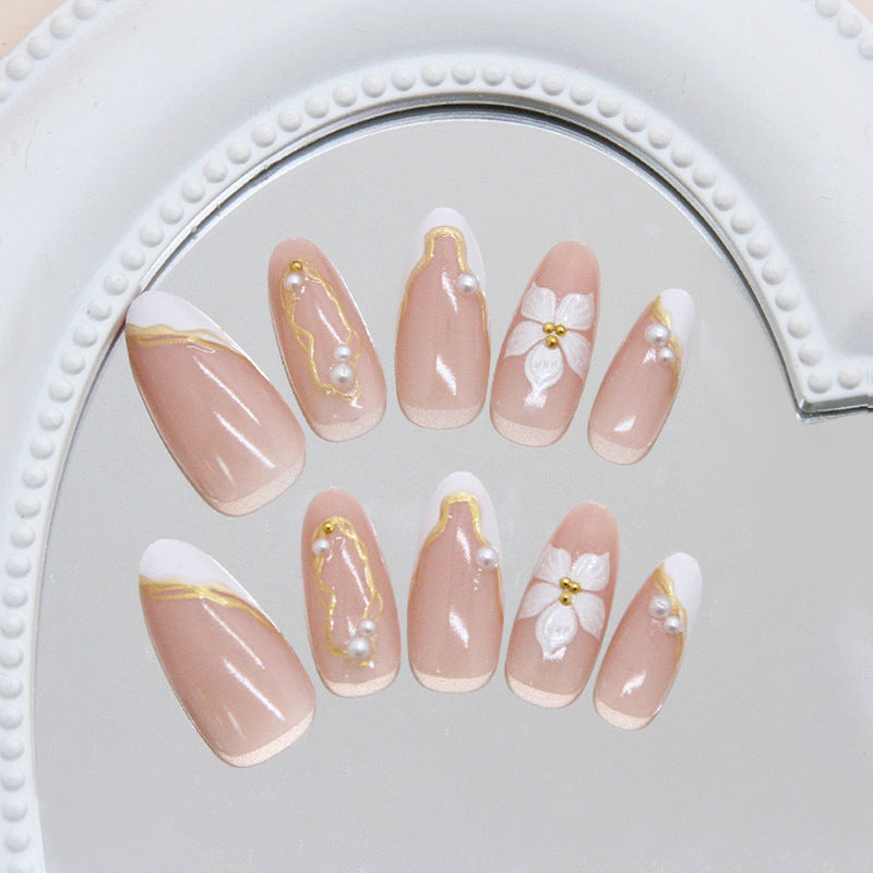 Charming Floral Elegance Long Almond Pink with Gold Accents and Pearl Details Press On Nail Set