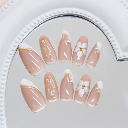 Charming Floral Elegance Long Almond Pink with Gold Accents and Pearl Details Press On Nail Set