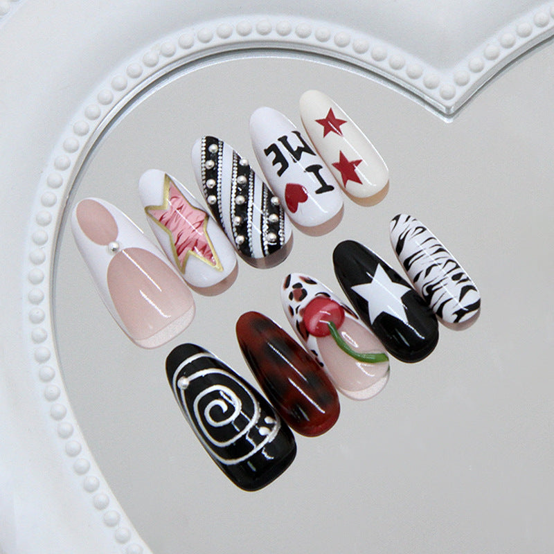Chic Glamour Long Oval Black and White Artistic Press on Nail Set