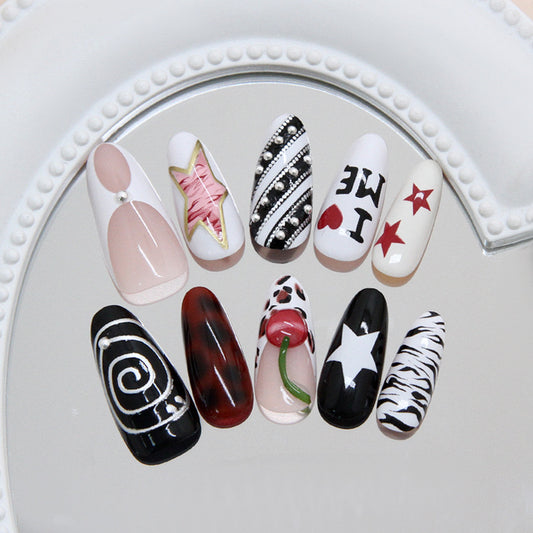 Retro Chic Long Oval Black and White with Stylish Patterns Press on Nail Set